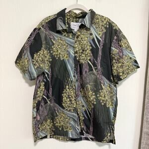 David Shepard Mens Hawaiian Button Up Shirt L Green Fan Palm Print Mouse Cotton